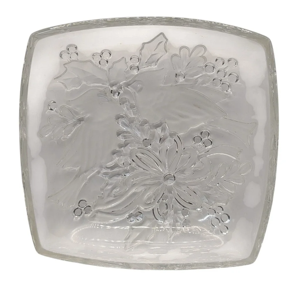 Vintage Gorham Crystal Square Bowl Dish Etched Cardinals Christmas Holly‎ Ribbon